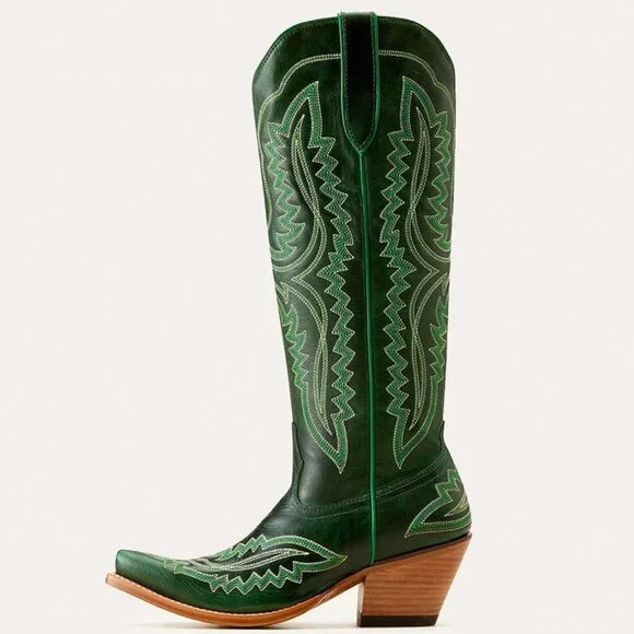 Women's Green Vintage Chunky Tall Knee High Heel Western Embroidery Boots - Picture 4 of 7
